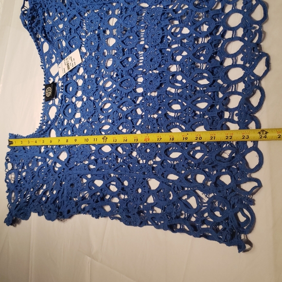 Bobeau NEW Knit Crochet Lace Blouse BLUE Top Topper Cotton Short Sleeve Womens L - Picture 8 of 9
